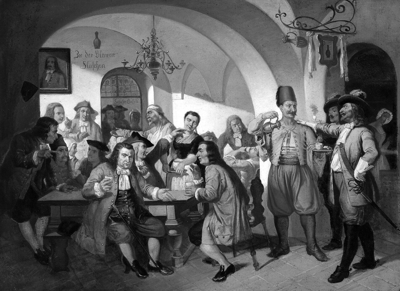 "To the blue bottles", old Viennese coffee house scene (c.1900), by an Unknown artist. 
