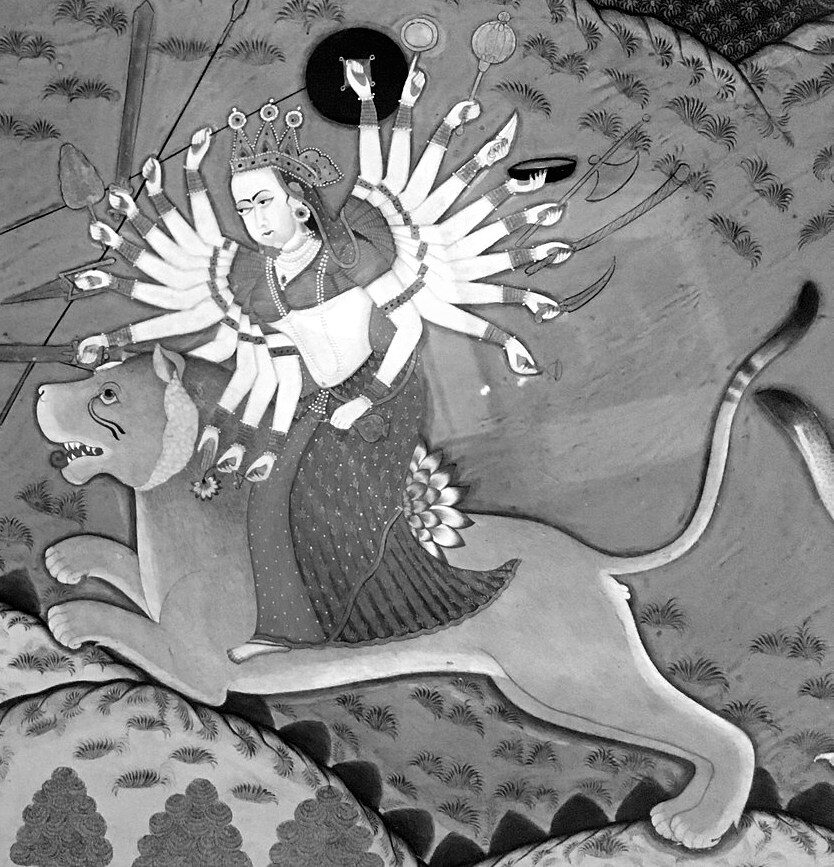 Goddess Durga riding a lion. From "Treasures of a Desert Kingdom: The Royal Arts of Jodhpur, India", an exhibit at the Royal Ontario Museum in Toronto